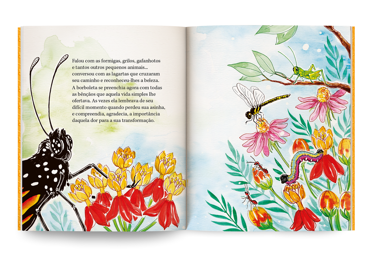livro infantil com natureza, plantas, borboletas e outros insetos - a lagarta que sonhava voar